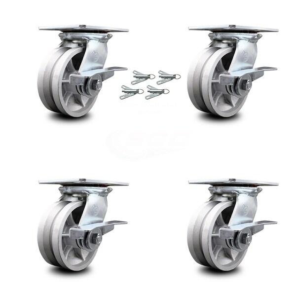 5 Inch V Groove Semi Steel Caster Set with Ball Bearings and Brakes/Swivel Locks